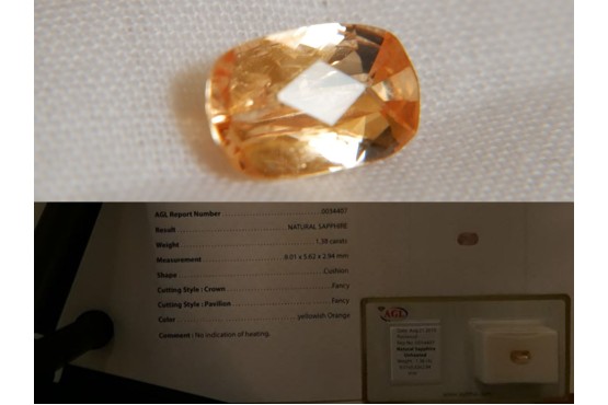 Orange Sapphire - Rectangular - 1.38 ct - AGL certified