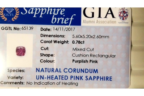 Purplish Pink Sapphire - Cushion - 0.78 ct - GIA certified